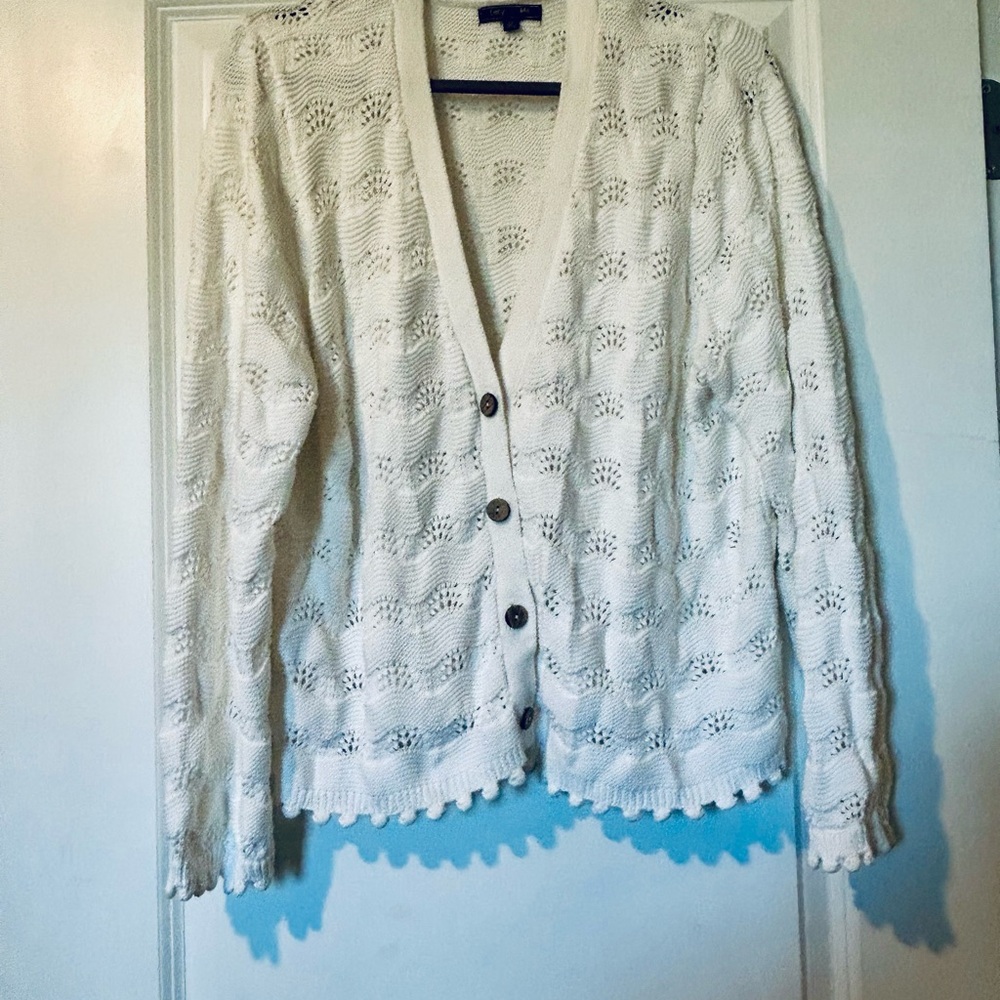 White Openwork Knit Button Cardigan